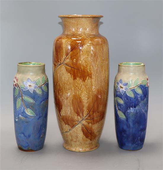 A Royal Doulton leaf pattern vase and another pair of Royal Doulton vases (3)